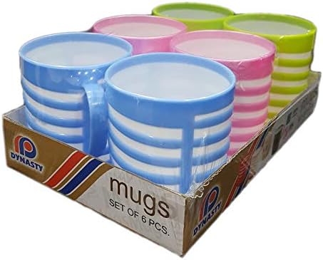 Pack of 6 Assorted Colourful Travel/Kids DYNASTY Plastic Mugs BPA Free Tea Coffee Drinking Cups with Handle