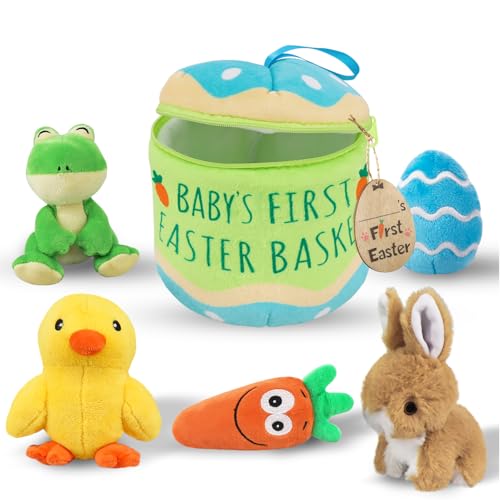 Bunny Chorus My Baby's First Easter Basket Stuffers, 6ct Stuffed Plush Bunny Chick Carrot Egg Frog Easter Basket Goody Playset, Personalized Easter Gifts for Babies Kids Girls Boys Infants Decorations