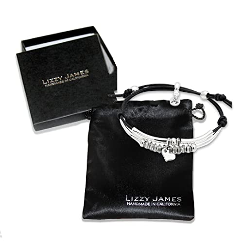 Lizzy James Bounty 2 Strand Adjustable Natural Black Leather Silver Plated Charm Bracelet For Women W/Silver Heart Charm #TOP5