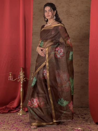 Image of Satrani Women's Kota Chex Printed Saree with Unstitched Blouse Piece