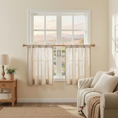 MYSKY HOME Kitchen Semi Sheer Oatmeal Curtains 24 Inch Long, Light Filtering Window Panels Rod Pocket Valance Neutral Drapes for Small Window/Cafe/Bathroom Basement, Taupe, 2 Panels, 34 x 24 Inch