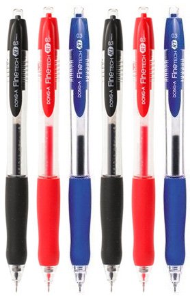 DONG-A Fine-Tech RT, Gel Ink Roller Ball Pens, 0.3mm, Retractable (6-Pack, Black/Blue/Red)
