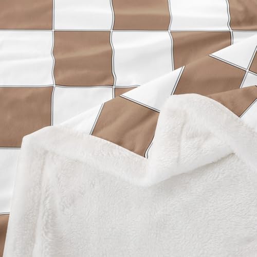 Image of Erosebridal Geometric Checkered Sherpa Blanket White Khaki Checkerboard Grid Fleece Bed Blanket Queen 90 inchX90 inch,Buffalo Plaid Gingham Throw Blanket for Kids Adults Men Geometrical Fuzzy Blanket