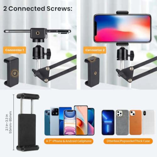 Elfora Adjustable Overhead Mobile Phone Holder with Long Arm for Video Recording, Streaming, Office Use, Cooking, Crafting Videos Compatible with Devices Up to 4-7 Inches (Black) - Image 7