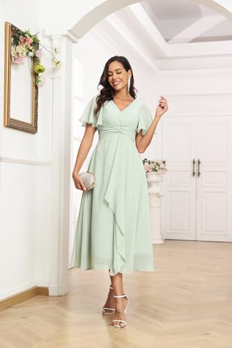 V-Neck Chiffon Bridesmaid Dresses with Pleats A-line Formal Prom Dress Tea Length with Pockets2