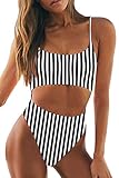 LEISUP Spaghetti Straps High Waisted Adjustable Lace Up One Piece Swimsuit for Women,Stripe M
