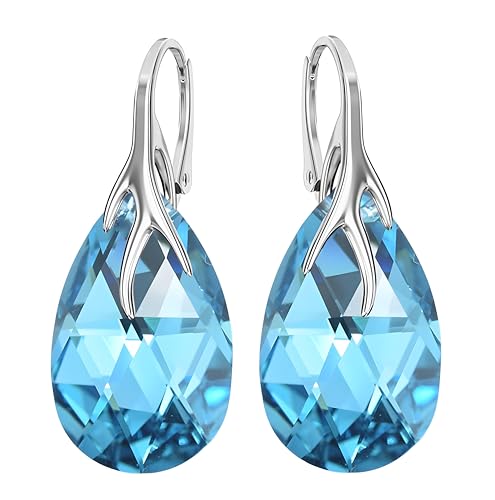 Hängen Silber Ohrringe 925 Silber mit Zirkonia - Schmuck für Frauen und Mädchen - Hängeohrringe Ideal für Geschenke für Frauen Hängende Damenohrringe (Aquamarine CAL)