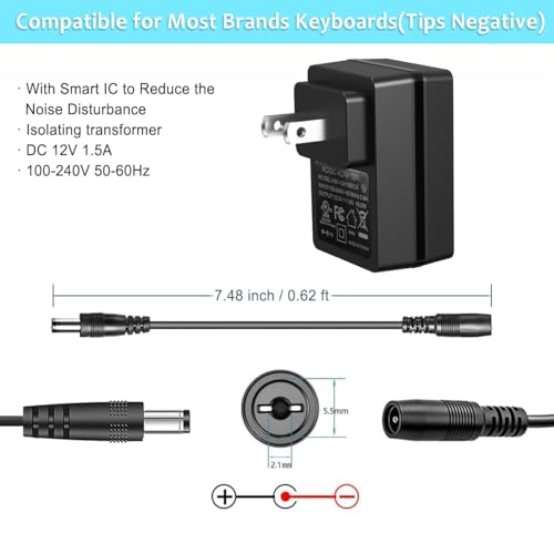 Image of JOYO 12V 1.5A DC Power Supply Adapter for Keyboard, Digital Piano, Guitar Pedals, Mini Amplifier AC Wall Charger Includes 5-Way Daisy Chain Cables & Reverse Polarity Cable (Tip Negative)