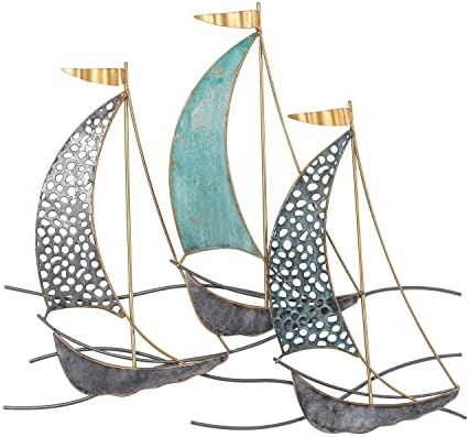 Edeco 3D Metal Ship Wall Décor, Metal Sailboat Wall Sculpture Nautical Décor, Handmade Boat Hanging Ornament Home Decoration