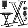 CAHAYA Keyboard Stand and Bench Set: 13~39 Inch Wide Adjustable Height Heavy Duty Portable Piano Stand and Bench with Locking Straps Double-X 7-Level Adjustable for 61 76 88 Key Keyboards