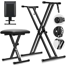 CAHAYA Keyboard Stand and Bench Set 1339 Inch Wide Adjustable Height Heavy Duty Portable Piano Stand and Bench with Locking Straps Double-X 7-Level Adjustable for 61 76 88 Key Keyboards