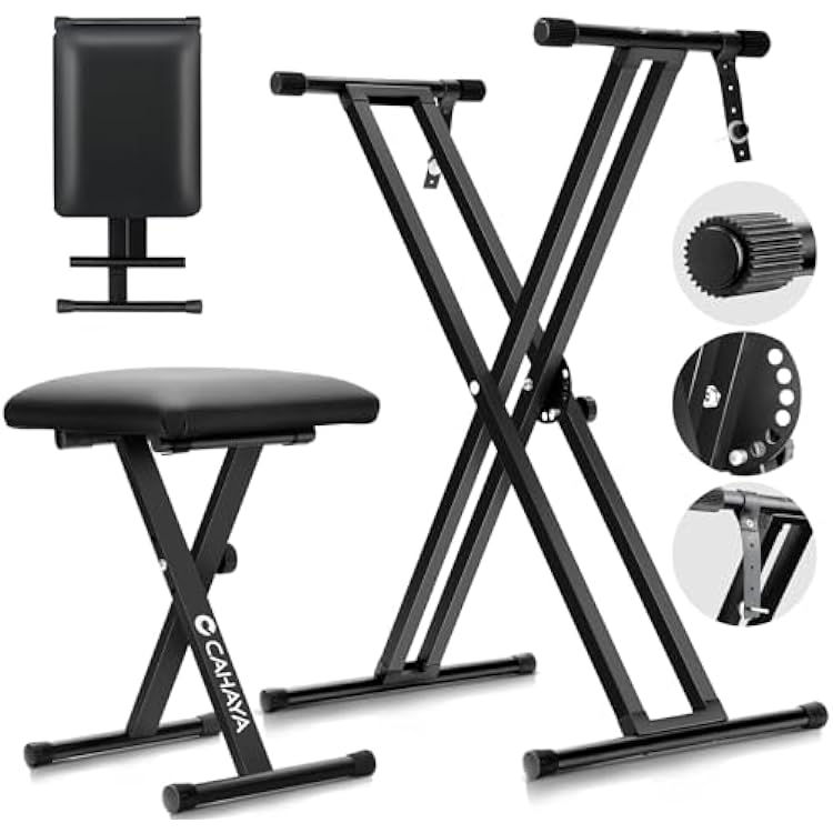 CAHAYA Keyboard Stand and Bench Set: 13~39 Inch Wide Adjustable Height Heavy Duty Portable Piano Stand and Bench with Locking Straps Double-X 7-Level Adjustable for 61 76 88 Key Keyboards