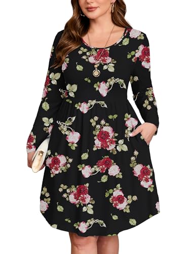 Image of AusLook Women's Plus Size Long Sleeve Midi Dress Casual Empire Waist Loose Flowy Dresses A-Line Boho Long Dress with Pockets