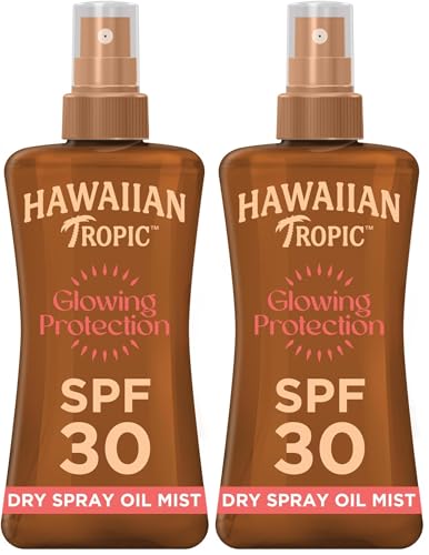 Hawaiian Tropic Glowing Protection Sunscreen Dry Oil Spray Mist, Water Resistant SPF 30 UVA plus UVB Protection Sunscreen Spray, Tropical Scent Sun Lotion with Island Botanicals, 200 ml (Pack of 2)