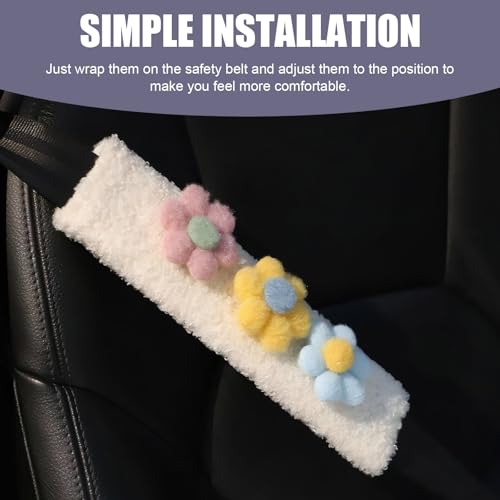 Bawkars 2 PCS Car Seat Belt Cover Pads, Cute Flower Safety Seatbelt Covers Cushion, 9.4\" x 2.5\" Soft Plush Shoulder Strap Protector, Universal Seat Belt Cover for Adults and Kids (Purple)