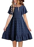 blibean Tween Girls Summer Dress Teen Girl Chiffon Flower Boho Dresses Big Kids Flutter Short Sleeve Homecoming Clothes Wedding Swiss Dots Vestidos Niñas Size 8-9 Years Old Navy Blue