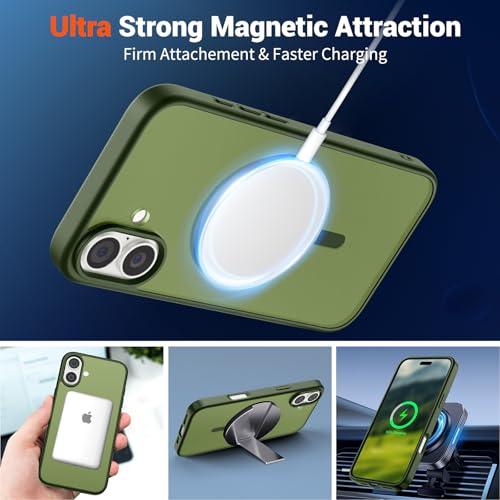 Image of SUPFINE Magnetic for iPhone 16 Plus Case (Compatible with MagSafe) (Military Grade Drop Protection) Slim Translucent Matte Shockproof with Anti-Fingerprint Phone Case,Cangling Green