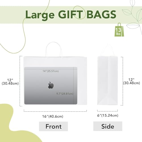Image of Gift Bags -25pcs 16x12x5 inch Large White Kraft Paper Bags with Handles- Paper Carry Bags for Shopping Retail Merchandise, Party Favor Return Gift Bag, Disposable