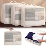 Shinymoon 3 Pcs 100% Cotton Mesh Packing Cubes with Handle Travel Luggage Storage Organizer Bags Breathable Beige Suitcases Bags Durable Zippers for Clothes Shoes Storage Weekend Plus Set