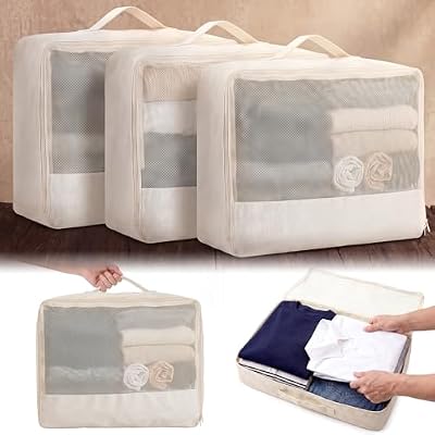 Shinymoon 3 Pcs 100% Cotton Mesh Packing Cubes with Handle Travel Luggage Storage Organizer Bags Breathable Beige Suitcases Bags Durable Zippers for Clothes Shoes Storage Weekend Plus Set
