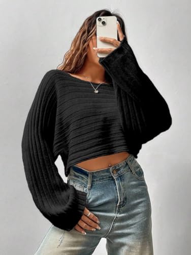 Image of SKAYS Womens Off The Shoulder Cropped Sweater Fall Ribbed Knit Batwing Sleeve Boat Neck Pullover Sweaters for Women Lightweight Drop Shoulder Tops Black M