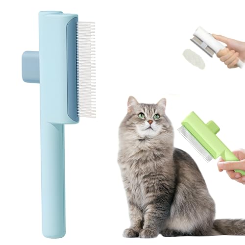 Pet Hair Removal Comb Flea Comb, 2025 Upgrade Cat Grooming Brush, Cat Brush with Release Button, De-Shedding Hair, Dog Grooming Supplies, Fine-Tooth Massage (Blue)