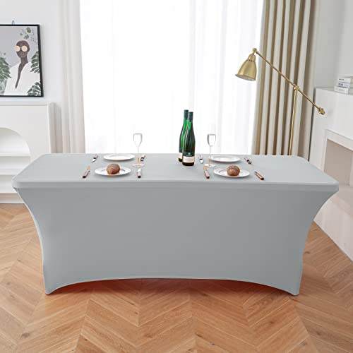 Azon Silver 6Ft Stretch Spandex Table Cover Washable And Wrinkle Resistant Kitchen Spandex Tablecloth Fitted Rectangular Table For Party,Banquet,Weddings,Cocktail And Festival #TOP5