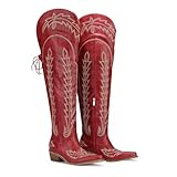 Krypthixor Red Thigh High Cowboy Boots With Lace Up Over The Knee Cowgirl Boot For Women Embroidered Western Boot With Side Zipper Comfortable Wide Calf Tall Boots Size 8.5