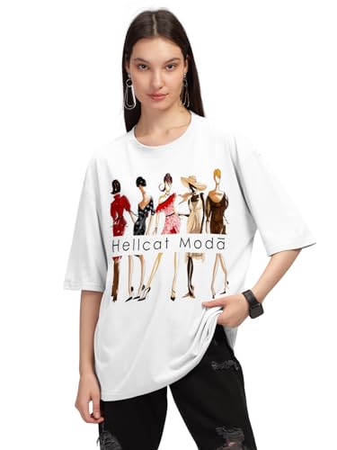 Image of HELLCAT Beige Trendy Printed Oversized T-Shirt for Women