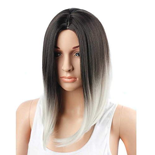 Yopo® Grey Ombre Wig - Silver Gray Ombre Mid-Length Straight Wigs Dark Roots Long Synthetic Hair Full Wigs For Women With Free Wig Cap(Long Ombre Gray Straight Wig) #TOP1