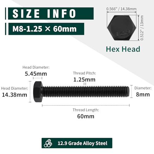 Image of M8-1.25 x 60mm Hex Bolts, 12.9 Grade Alloy Steel, Black Oxide Finish, Full Thread, Coarse Thread UNC, Hexagon Head Bolts 15 PCS