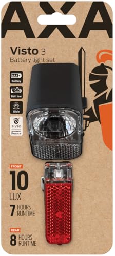 AXA Visto 3 – Fahrradlicht Set mit Batterien – Einfache Befestigung – Wasserbeständig – Mit Batterieanzeige – Inkl. 3 x AAA Batterien – StVZO zugelassen