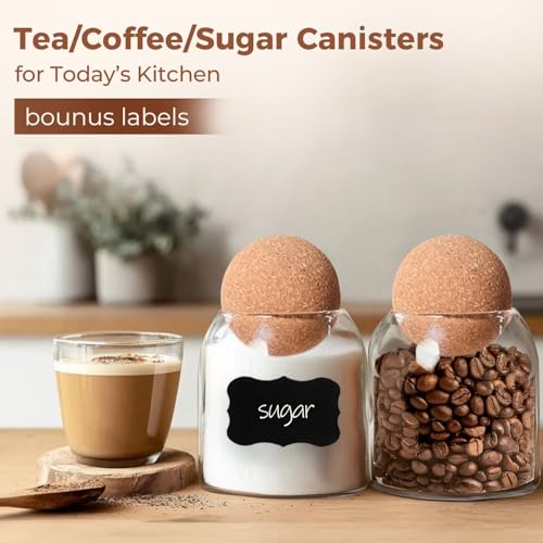 ComSaf Tea Coffee Sugar Canisters Set, 480mL 3 Pack Glass Jar with Cork Lids, Coffee Jars & Tea Caddy for Coffee Station, Stylish Decorative Kitchen Essentials, Perfect Home and Kitchen Organiser