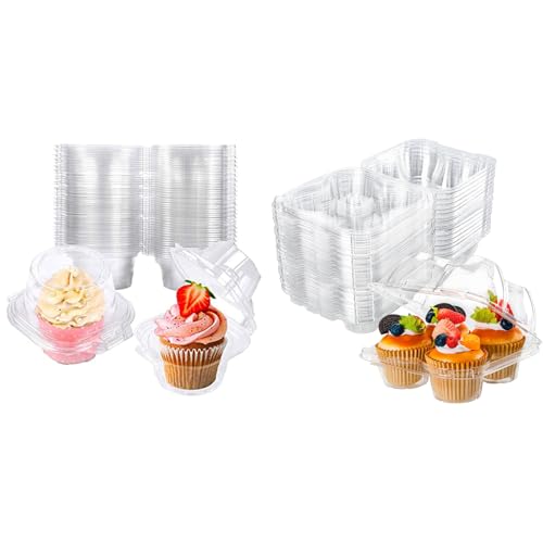 Bundle of 50 Pack Individual Cupcake Containers and 4 Compartment Cupcake Containers