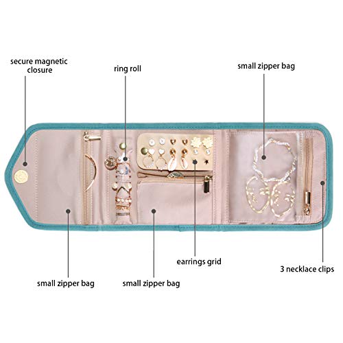 Image of bagsmart Travel Jewelry Organizer Case Foldable Jewelry Roll for Journey-Rings, Necklaces, Earrings, Bracelets, Teal, Mini