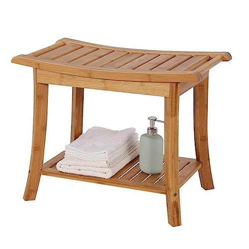 Banco de ducha con estante de almacenamiento, asiento de madera para baño, diseño moderno y elegante para una experiencia de ducha de lujo