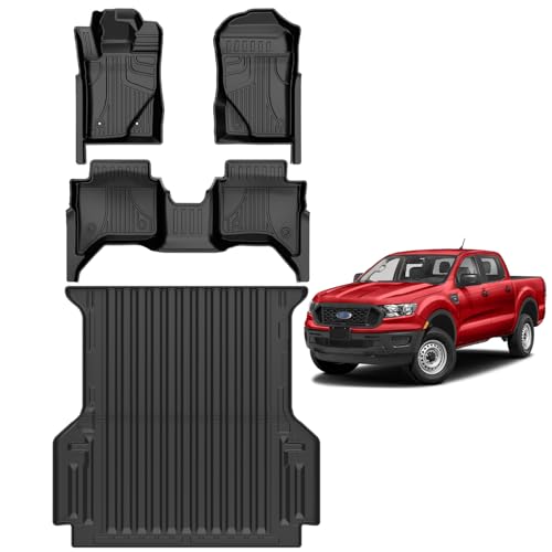 AOMSAZTO Floor Mats and 5FT Truck Bed Mat for 2024 2025 Ford Ranger SuperCrew Cab - 1st & 2nd Row Full Set Car Accessories Custom Fit All Weather Cargo Liner for Ford Ranger - Black