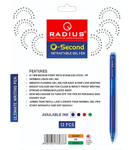 Radius O-Second Blue Gel Pens, Retractable Medium Point 0.7Mm With German Liquid Blue Ink For Smooth Writing, Comfort Grip & Stainless Steel Tip, Office & School Supplies, 12 Pack #TOP5