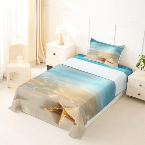Image of jejeloiu Beach Scenery Bed Sheets Set Twin Size Ocean Bed Set Coastal Nautical Deep Pocket Fitted Sheet Starfish Seashell Conch Breathable Soft Lightweight Microfiber