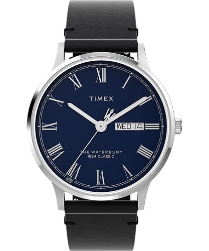 Timex Waterbury Reloj para Hombre, Correa de Cuero Negro, liberación rápida, Esfera Azul, Caja de Acero Inoxidable, 40 mm, TW2Y29600