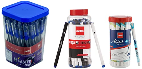 Image of Cello Aspro Mavro Black Ball Pen Pack of 50 Aqua Blue Gel Pen Jar of 25 Units & Cello Faster Grip Ball Pens Pack of 60