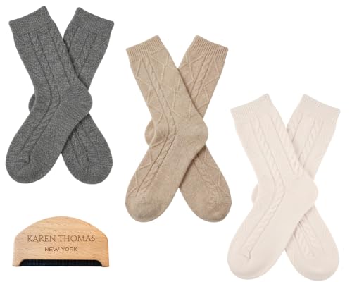 Image of Karen Thomas 100% Cashmere Women's Sleep Socks, 3-Ply Soft Cozy Cable Knit, Luxury Bed Socks for Warmth, Comfort & Lounging