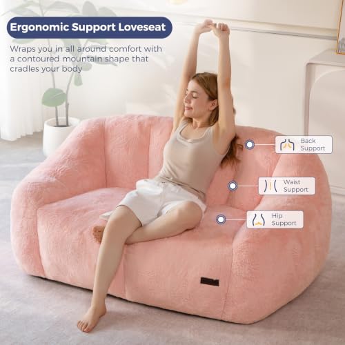 Image of MAXYOYO Bean Bag Chair, Comfy Bean Bag Sofa with Back Support, Loveseat Faux Fur Bean Bag Chair for Adults, Stuffed Floor Sofa for Living Room, Bedroom, Apartment, Pink