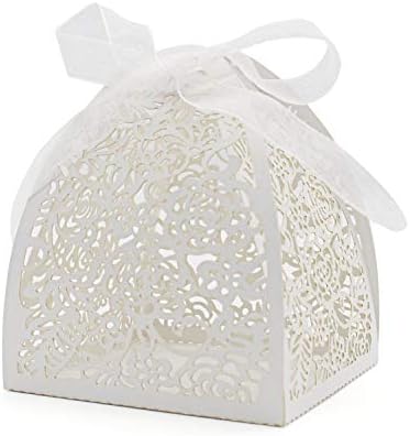 KPOSIYA Pack of 100 Laser Cut Rose Candy Boxes, Favor Boxes 2.5"x 2.5"x 3.1", Gift Boxes Bridal Shower Anniverary Birthday Party Wedding Favor (100,White)