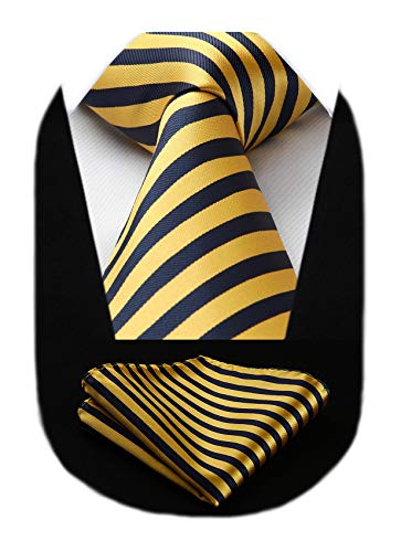 Image of HISDERN Stripe Tie Mens Ties with Pocket Square Set Classic 3.4'' Silk Formal Necktie Handkerchief for Business Wedding