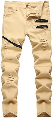 SUPBIRD Boy's Stylish Moto Biker Ripped Distressed Skinny Fit Stretch Fashion Denim Jeans Khaki 14