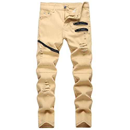Supbird Boy's Stylish Moto Biker Ripped Distressed Skinny Fit Stretch Fashion Denim Jeans Khaki 14 #TOP1