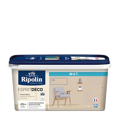 RIPOLIN - Peinture Intérieure Multi-Supports – Murs, Boiseries & Radiateurs – Ultra Couvrante – Lessivable – Application Facile – Ecolabel - Aspect Mat - 2,5L - Lin