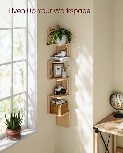 VASAGLE 5-Tier Corner Shelf, Wall Mounted Floating Shelf, Zigzag Corner Shelf Unit, PVC Rattan Sides, Space-Saving, for Kitchen, Living Room, Bedroom, Boho Style, Oak Beige ULLS582YC01S - Image 6