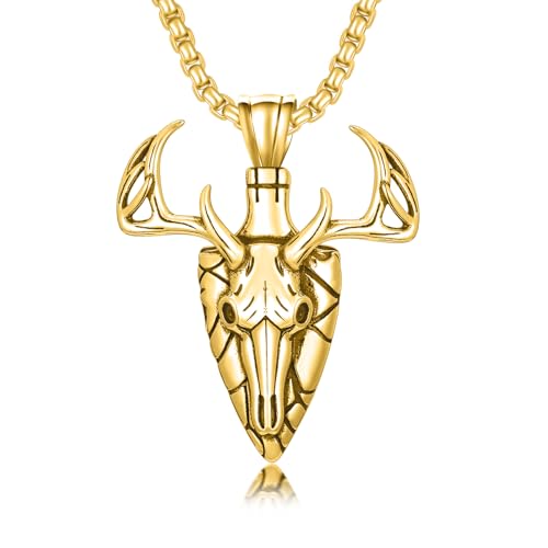 MEIDERBO Arrowhead Necklace for Men 925 Sterling Silver Deer Pendant Necklace with 18K Gold Plated Hunting Necklace Deer Antler Jewelry for Birthday Christmas